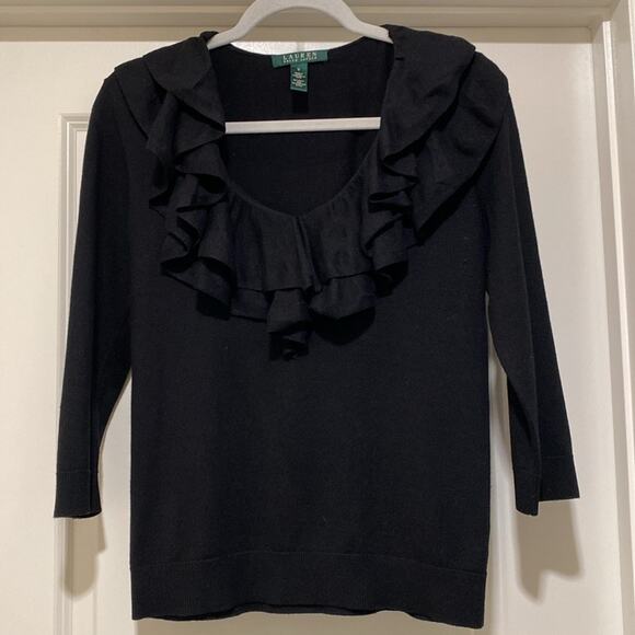 Lauren Ralph Lauren ruffle neck Black sweater Silk and Cotton Blend Size Small - Picture 1 of 13
